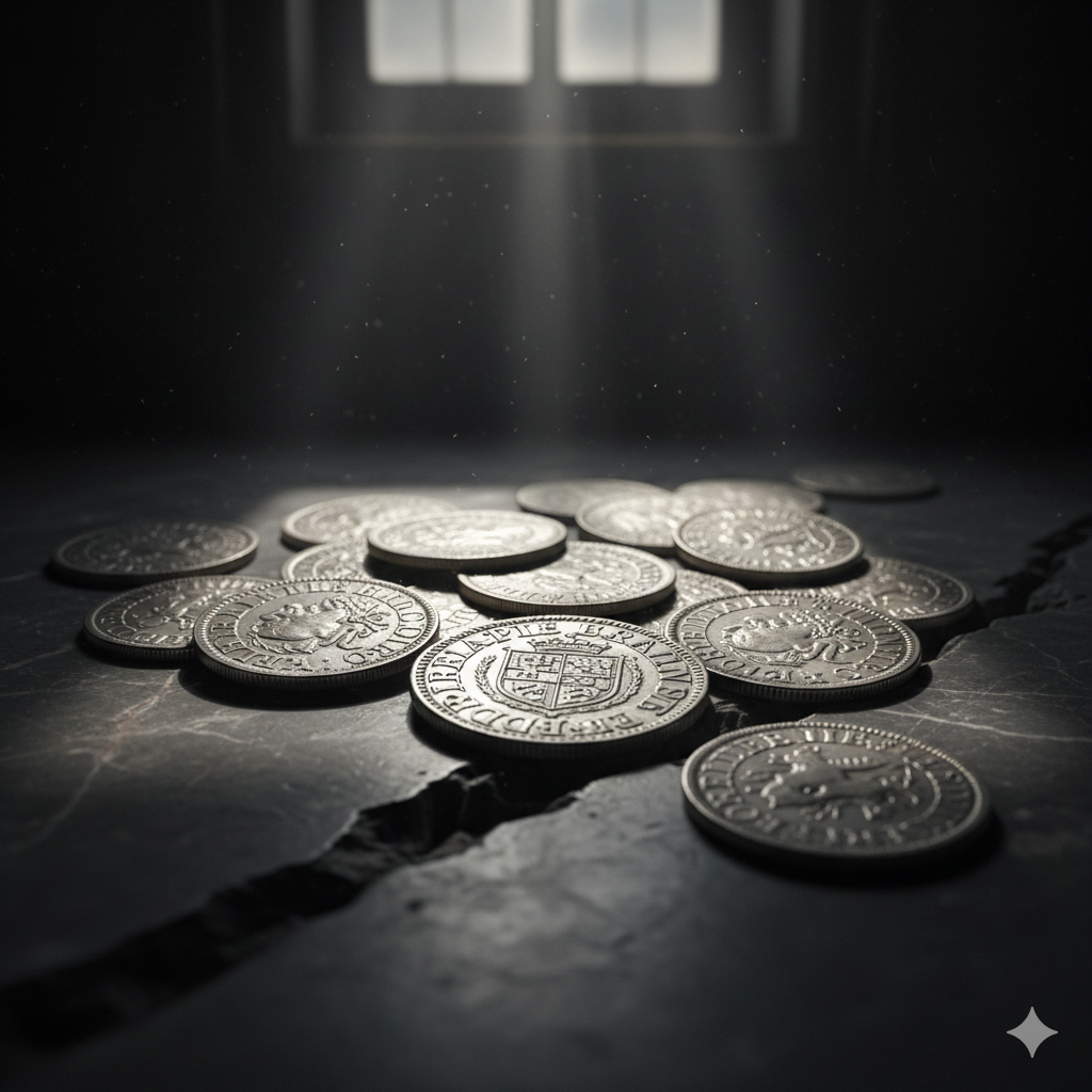 Pile of antique silver coins illuminated by soft window light — expert appraisals by Coin Buyers in El Paso.