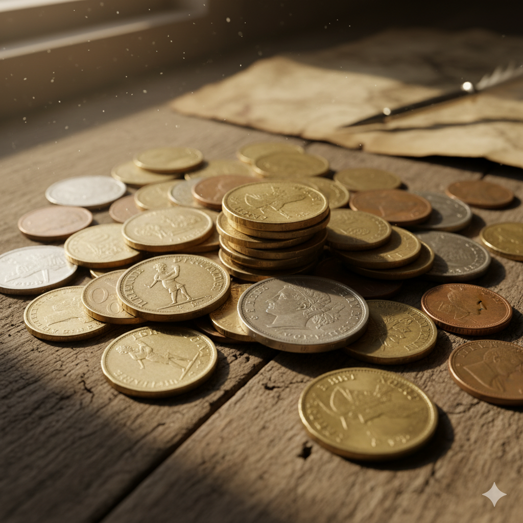 Assorted gold and copper coins stacked near an old document — valued by expert Coin Buyers in El Paso.