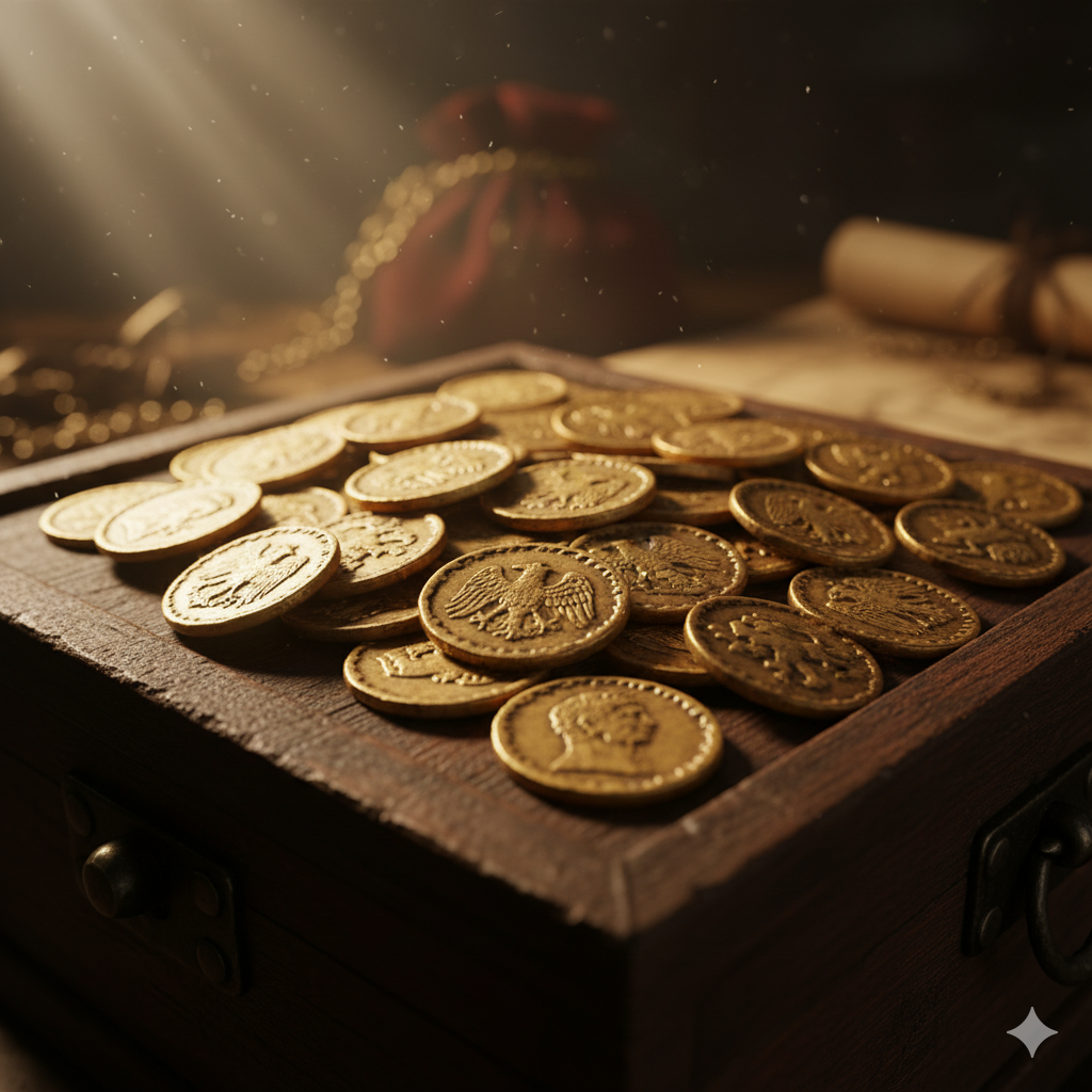 Stack of rare gold coins displayed in a wooden box — professional service by Coin Buyers in El Paso.