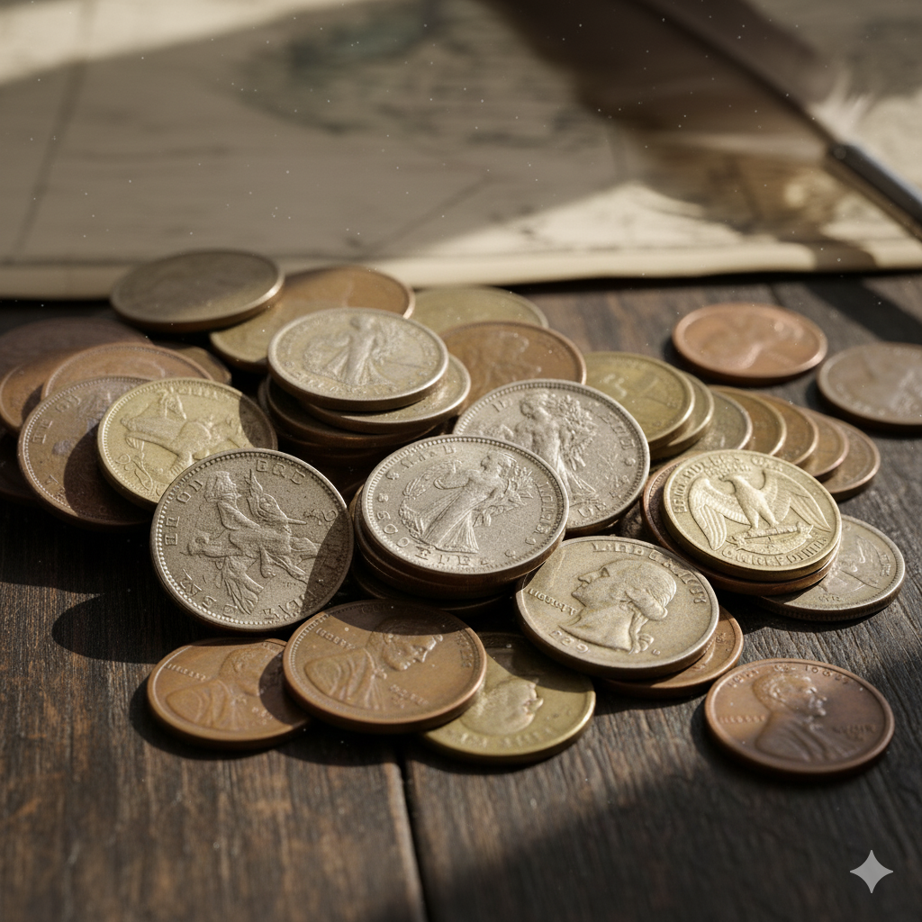 Mix of vintage silver and bronze coins spread on a wooden table — collectible appraisals by Coin Buyers in El Paso.
